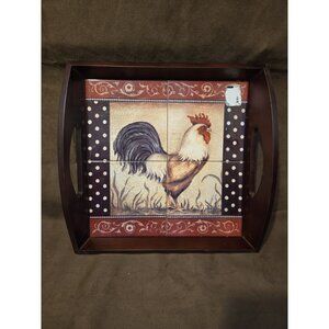 Vintage Rooster Serving Tray Wooden Base with 4 Ceramic Tiles Surface